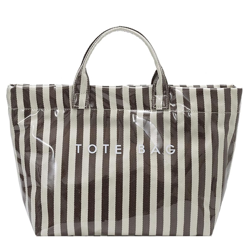 Image of Lushandy Striped PVC Tote Bag for Women, Large Plastic Tote Bag for Beach Pool Plaid Letters Print Hobo Handbag | Waterproof Material