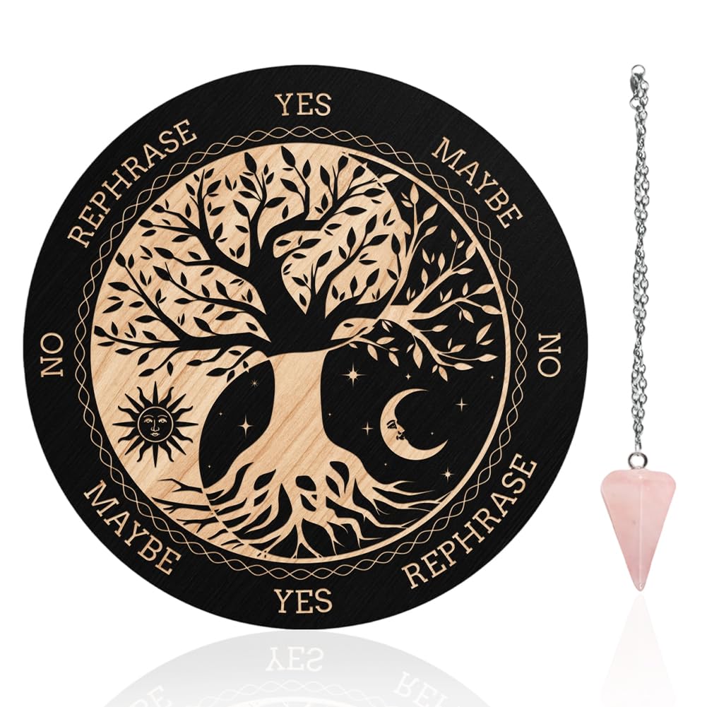 INFUNLY Witch Pendulum Board Tree of Life Round Wooden Divination Board 7.9" Sun Moon Metaphysical Message Board with Crystal Necklace Witchcraft Wicca Altar Supplies Kit