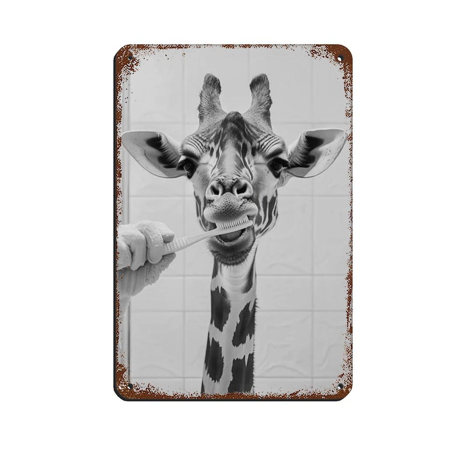 Giraffe Brushing Teeth, Funny Bathroom Art Tin Sign Vintage Metal Pub Club Cafe Bar Home Wall Art Decoration Poster Retro 8x12inch(20x30cm)