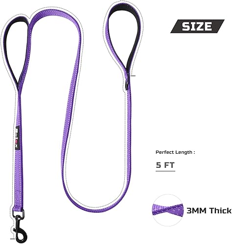 Miniatura 2 de Bolux Correa para perro de 5 pies, correa de cuerda resistente con 2 asas acolchadas, correa de entrenamiento de mascotas con doble asa reflectante