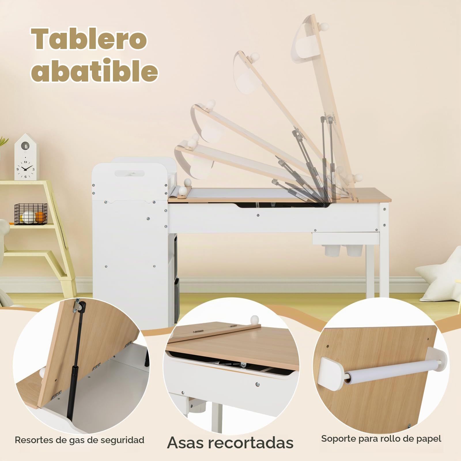 GOPLUS Mesa de Arte 2 en 1 con 2 Sillas, Juego de Sillas para Niños con Tablero de Mesa Plegable, Portarrollos de Papel, Barras de Presión y Estantes, Juego de Muebles Infantil (Natural)