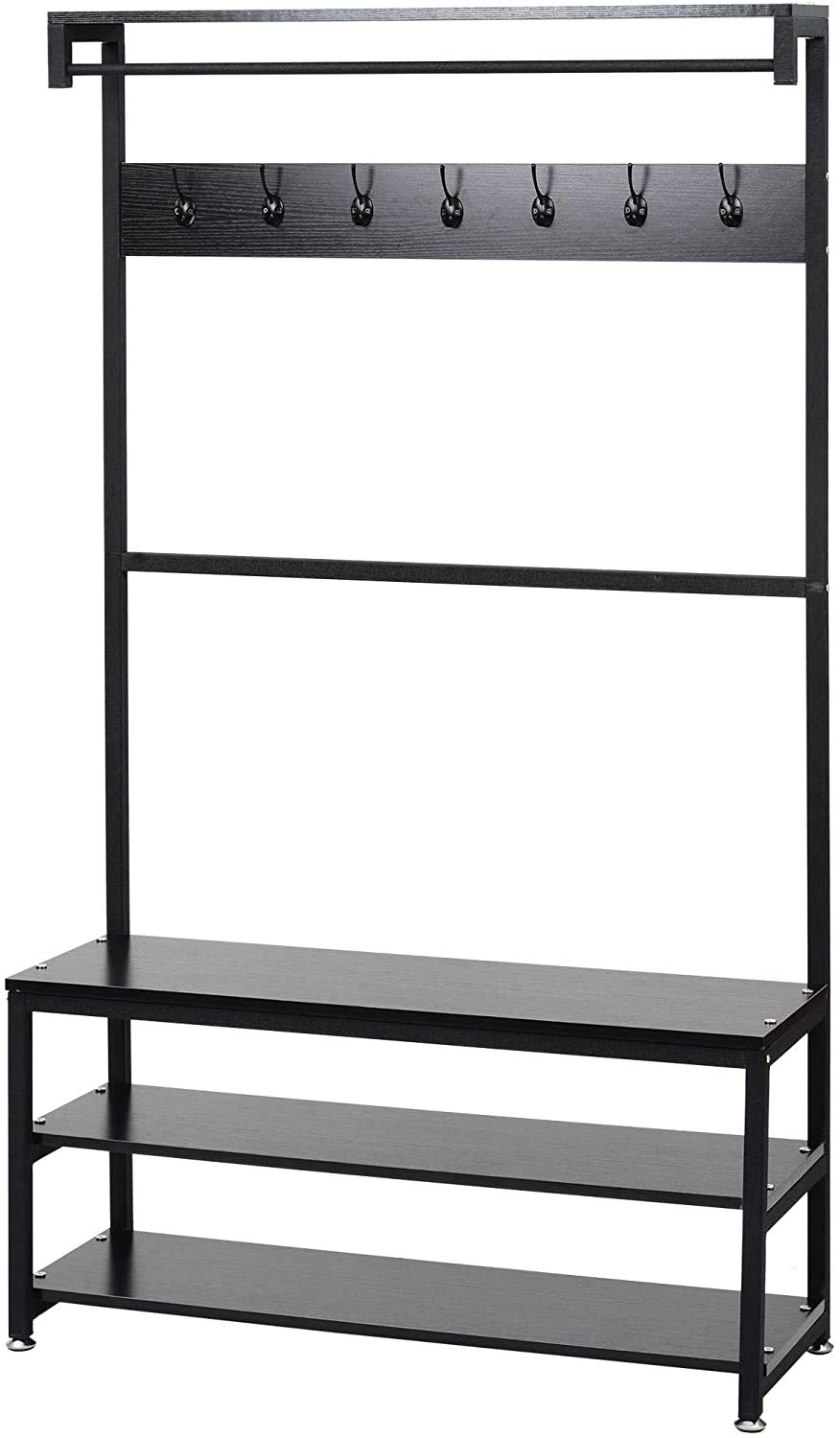 Industrial Modern Coat Rack with Shoe Bench, Vintage Shoe Coat Rack, Hall Tree Entryway ShelfWood Look Accent Furniture with Metal Frame, 3 in 1 Design with 14 Hooks for Garments