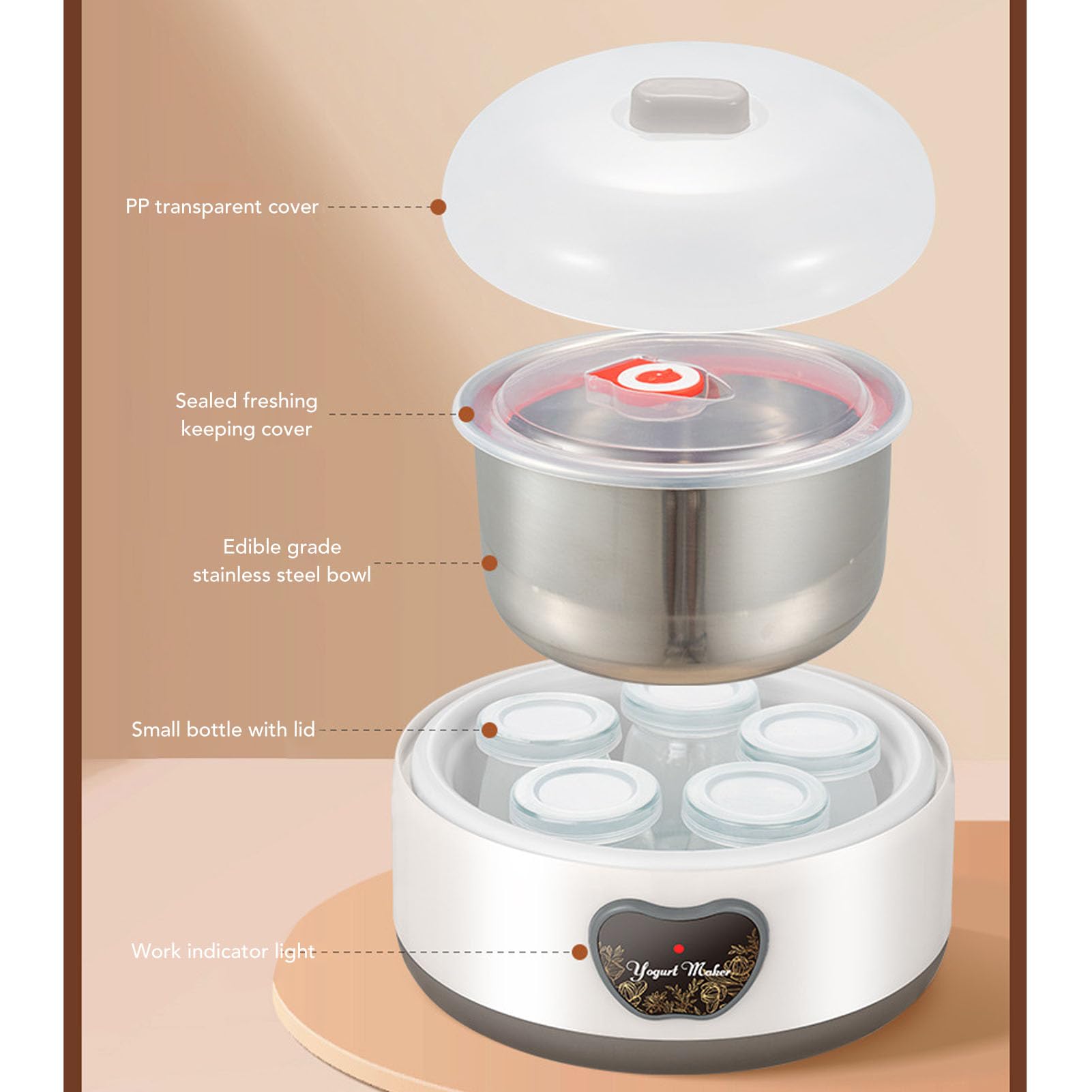 Zunate Yogurtera Automática de Acero Inoxidable, Control Inteligente de Temperatura de 1,2 L con 5 Vasos de Vidrio, Fermentador Multifunción