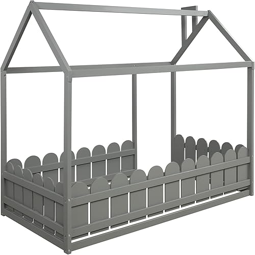 Miniatura 26 de Bellemave Cama de casa Queen con techo de madera, camas Montessori para niños, marco de cama de piso de madera para niñas, niños, adolescentes y Gris