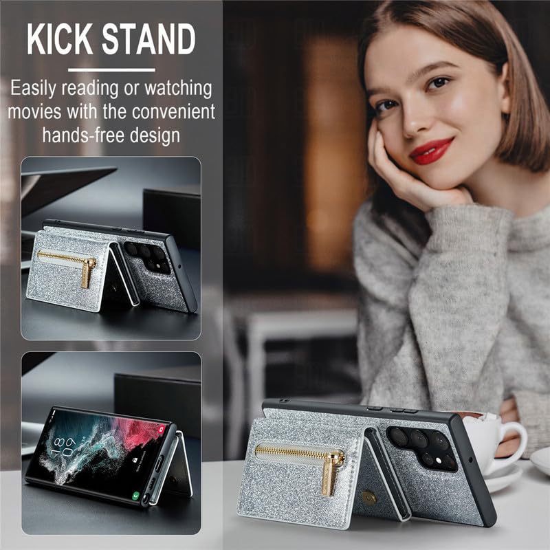 Galaxy Z Fold 5 etui ochronne 【brokatowe, 2 w 1, zdejmowane, funkcja stojaka】 Magnetyczna kieszeń portmonetka Back Case Cover etui z portfelem do Samsung Galaxy Z Fold 5 - srebrne