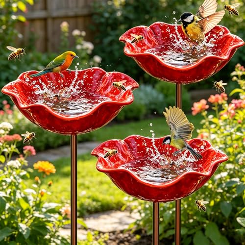 Vogeltränke Stehend 3 Stück Wassertränke für Vögel Vogeltränke Blume Insektentränke Garten Blumen Gartenstecker Blumenform Fütterungsschale Bienentränke Metall für Wildvögel Frostfest Garten Hinterhof