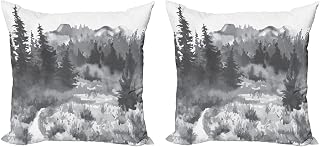 Ambesonne Garden Mist Decorative Throw Pillow Case Pack of 2, Greyscale Design Watercolor Hand Painted Image of Forest, Couch Bedroom Living Room Cushion Cover, 20", Grey Dark Grey and White