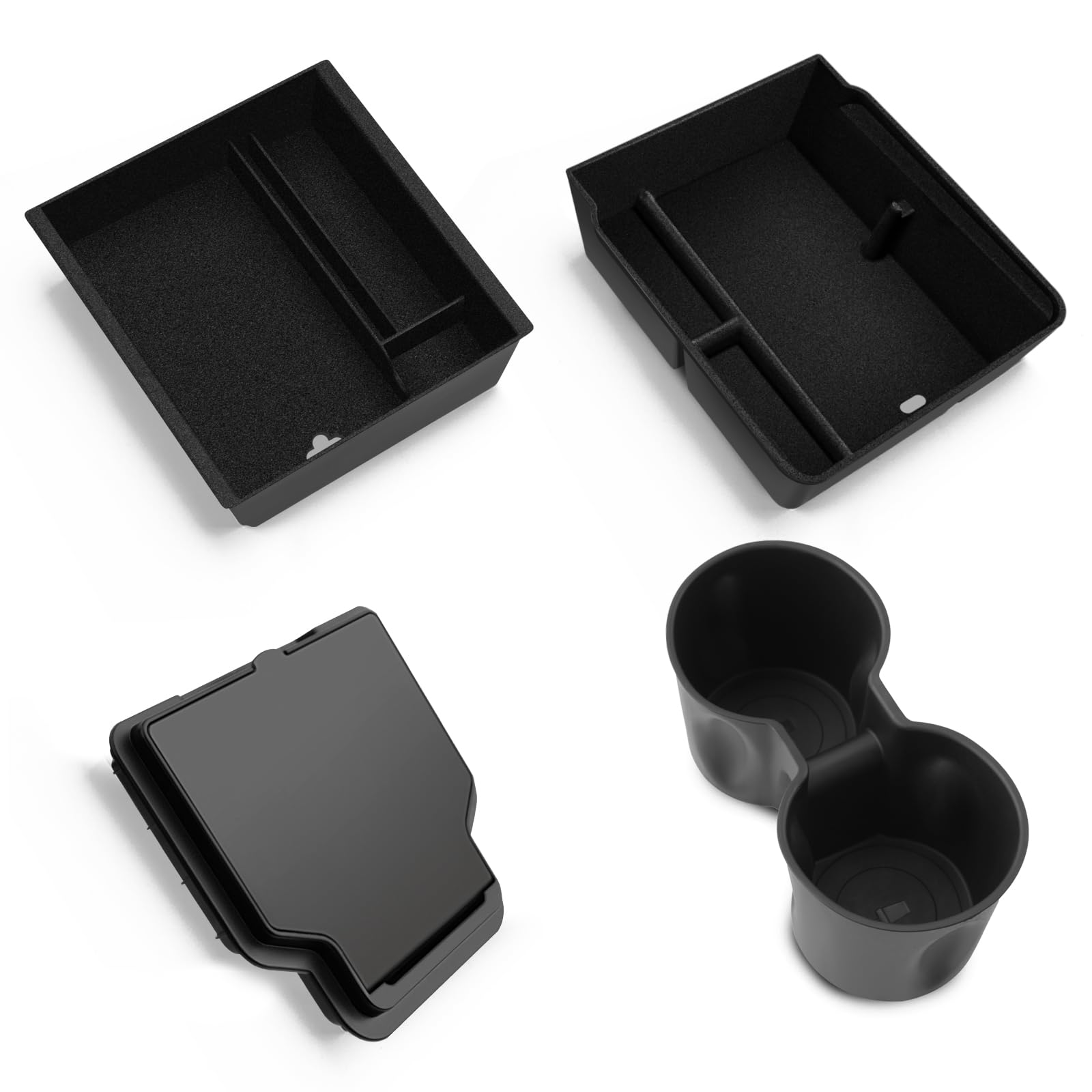 4 accesorios para Tesla Model Y 2025-2026 Juniper Organizador de consola central, caja de almacenamiento para reposabrazos, caja oculta y soporte para bebidas (flocado)