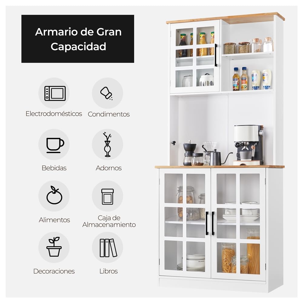 Yaheetech Alacena de Cocina Mueble Buffet Armario de Cocina Aparador de Almacenaje con Puertas de Vidrio, Estantes Ajustables 80 × 37 × 183 cm