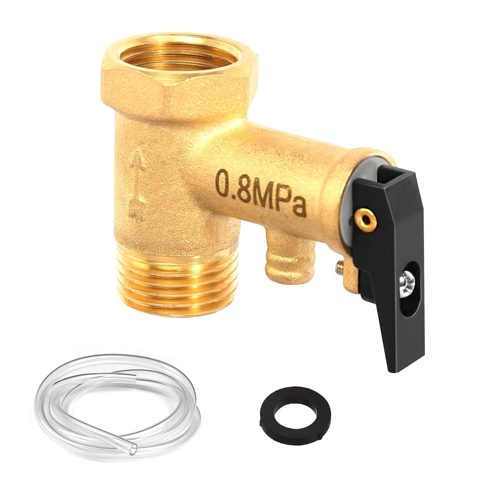 Soupape de Sécurité 1/2 Pouce, 0,8 MPa Soupape de Sécurité en Laiton avec Tuyau de Guide et Joint de 1M, 1/2" IG x 1/2" AG Chauffe-eau Valve de Surpression Non Retour