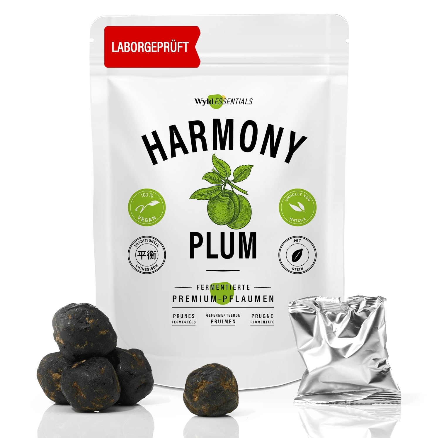 HarmonyPLUM. 9 sorgfältig fermentierte grüne Pflaumen. Nach traditionell chinesischem Rezept. Umhüllt von Macha-Pulver.