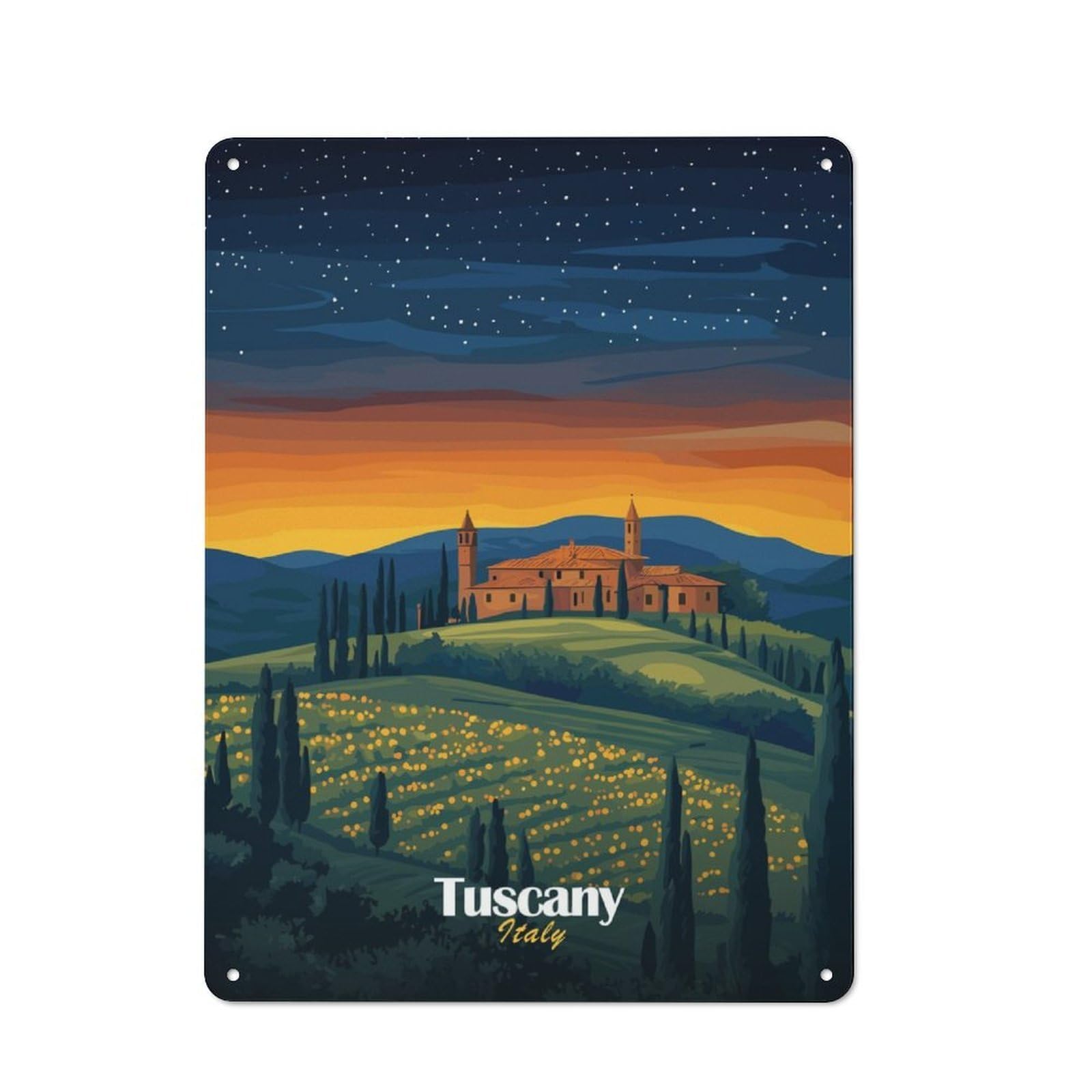 Junmoney Tuscan Sunset Landscape Metal Plaque 40X30cm With For Workshop Wall, Retro Decor, A New Home Gift For Collectors Of Metal Signs