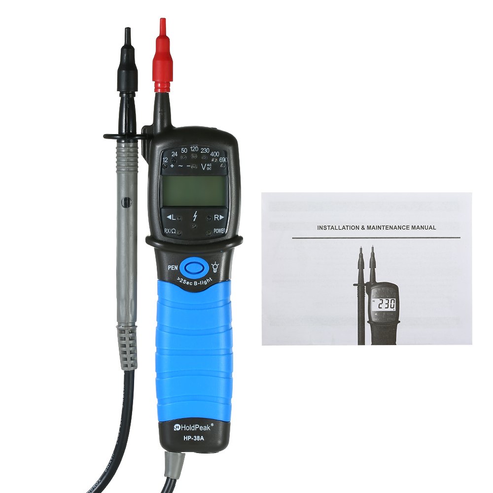 HoldPeak Contact Auto Range LCD Tester napięcia AC DC Detektor do pomiaru 12–690 V z ciągłością RCD Test rotacji fazy Wykrywanie polaryzacji i podświetlany wyświetlacz Zawiera