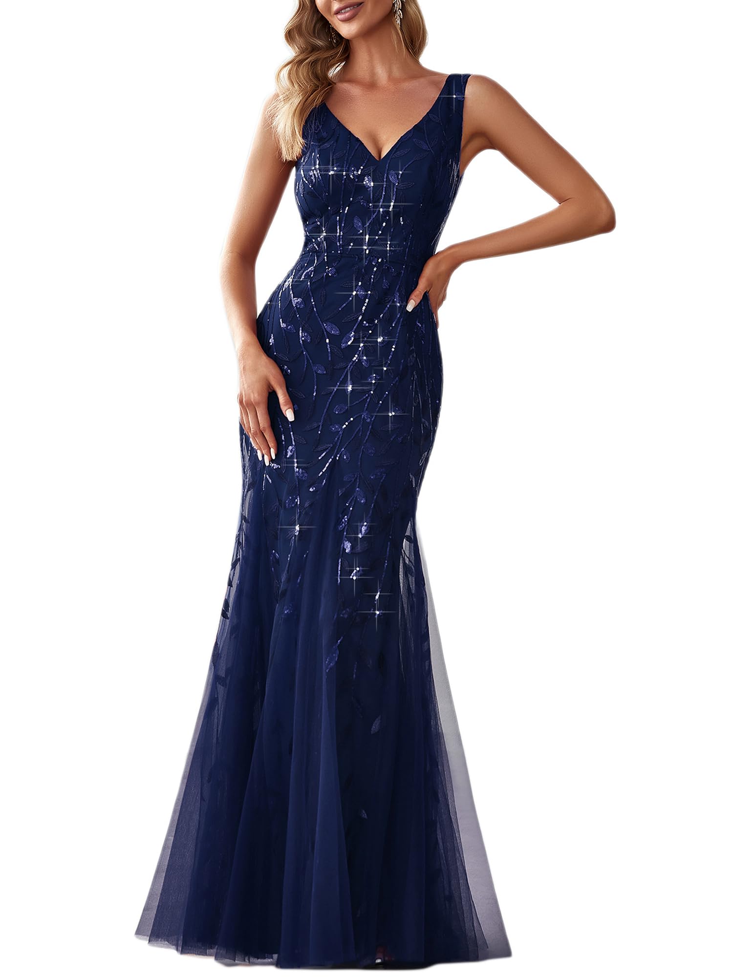 Ever-Pretty Women's Sequin Formal Dress Double V-Neck Sleeveless Mermaid Long Evening Dresses 07886