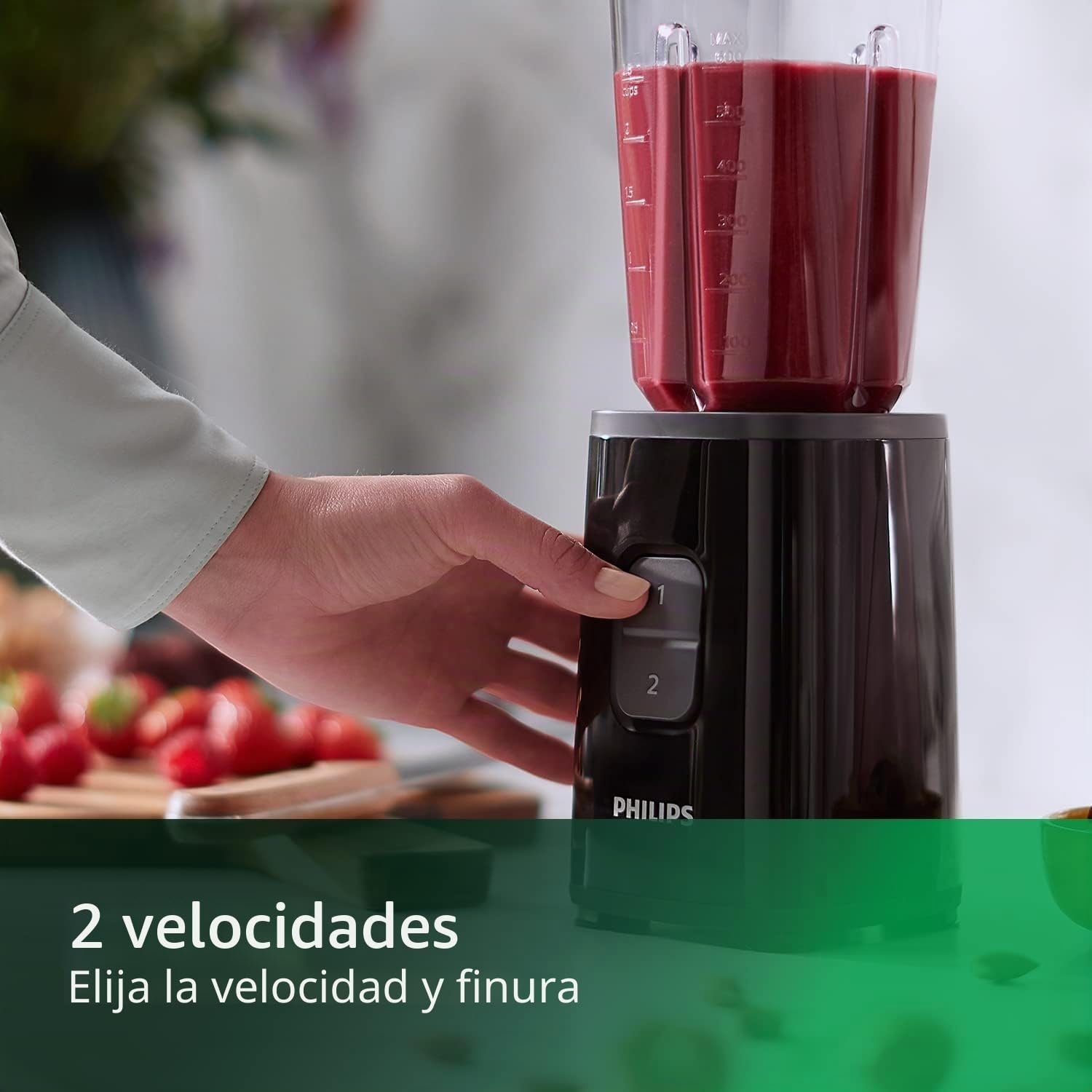 Philips Daily Collection - Mini licuadora y licuadora, 350 W, jarra de 1 litro, vaso para llevar, apto para lavavajillas, aplicación de recetas, 2 velocidades, triturador de hielo, limpieza rápida,