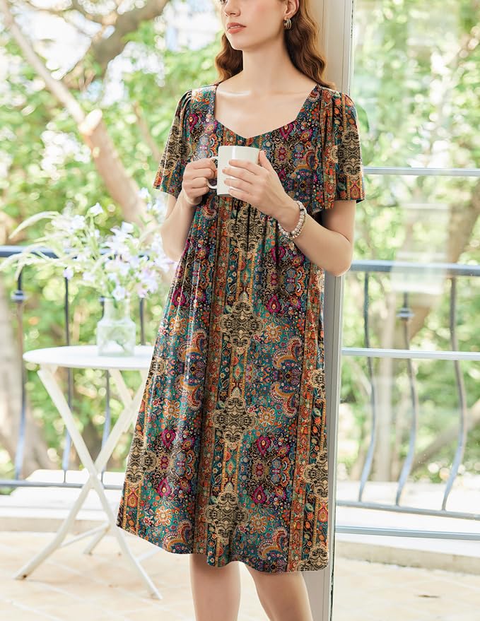 Image of Ekouaer Women's House Dress - Pleated Nightgown with Short Sleeves & Pockets
