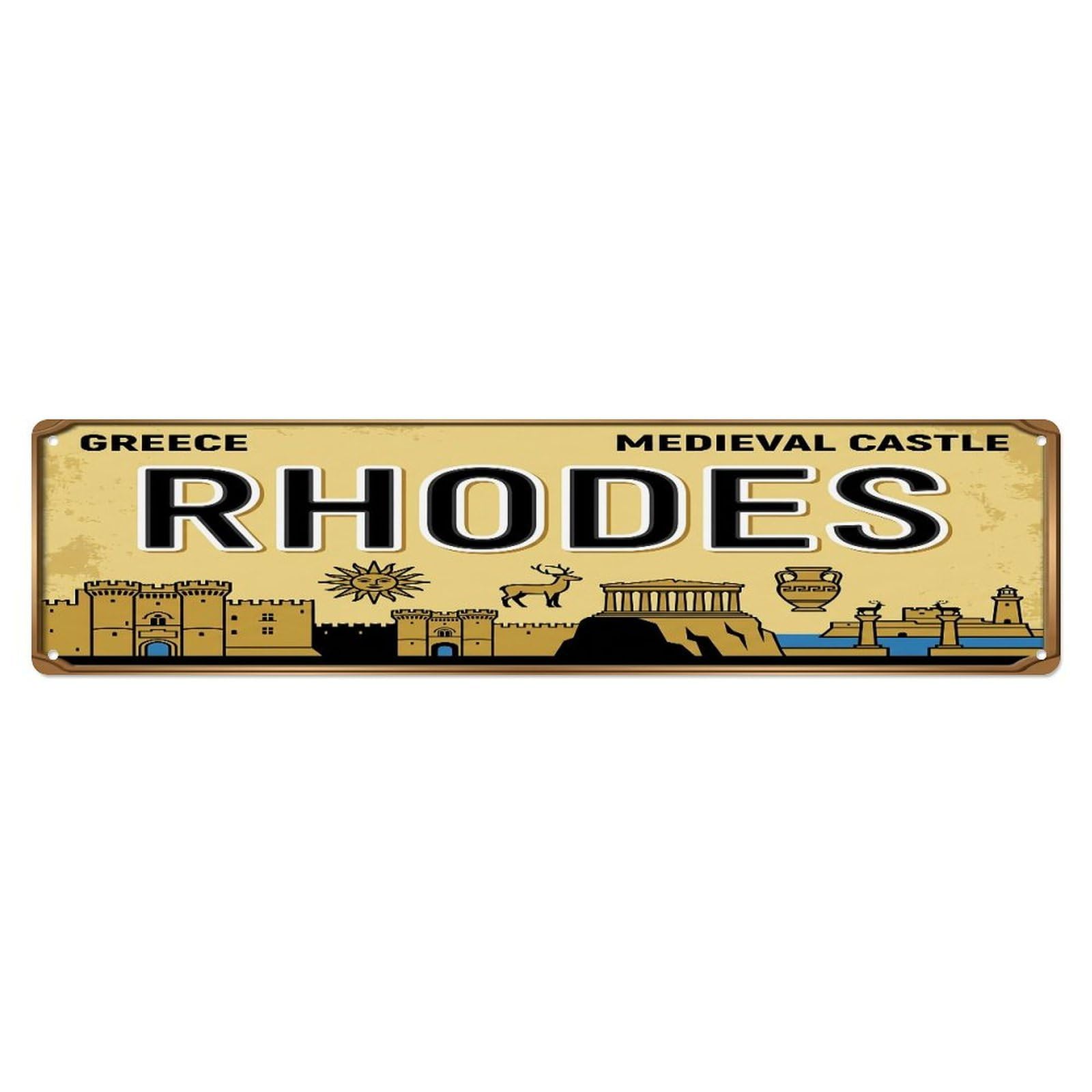Tgrcjimh Style Metal Tin Sign Vintage Travel Rhodes Medieval Castle Sun