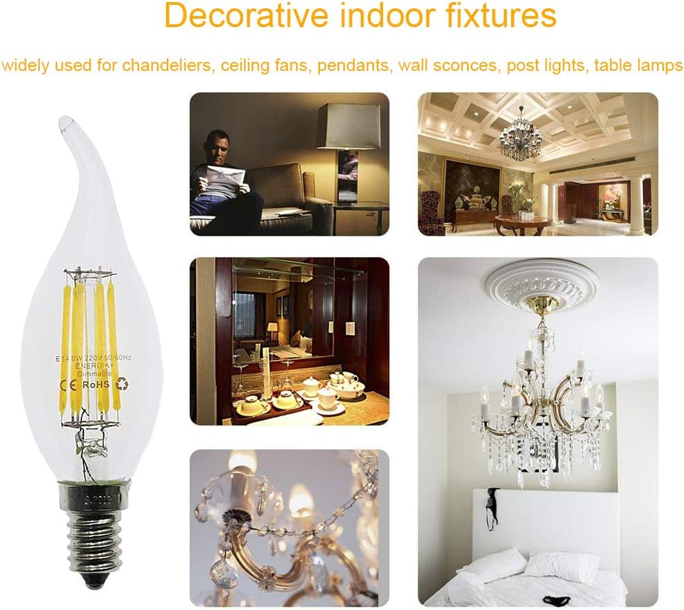 HUAMu E14 6W Dimmable LED Filament Candle Light Bulb, 60W Incandescent Replacement, 6500K Cold White, 600LM - Image 4