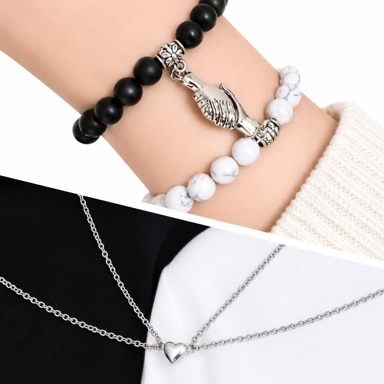 beautivia Couple Magnetic Bracelet Set with Pendant Necklace, Black and White Beaded Bracelet, Heart Charm, Matching Jewellery-picture-25