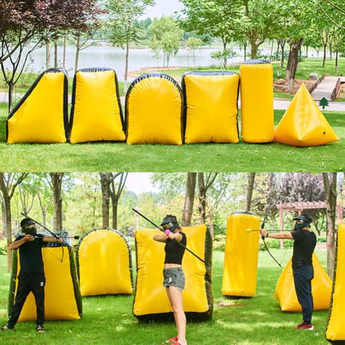 Inflatable Air Archery Bunker Set with Pump for Paintball, Airsoft, Archery Tag, Laser Tag, Soft Foam Dart Toy Rifle, Water Gun (6 Pieces Yellow and Black)