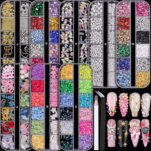 8 Boxes Nail Charms and Gems for Manicure Flat Pearls Nail Flowers Nail Rhinestones and Charms for Nail Art Colorful Pearl Nail Charm Nail Bows Multi Shapes Flatback Nail Design Kit Nail Accessories