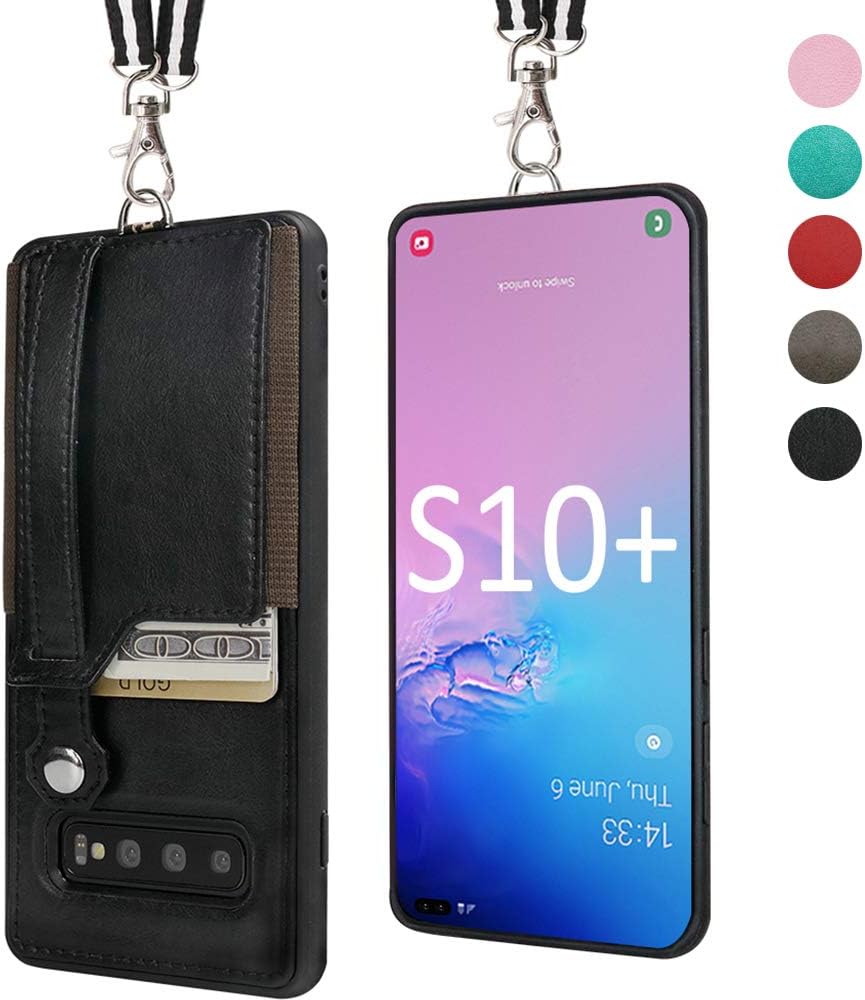TOOVREN Samsung Galaxy S10 Plus Wallet Case Lanyard Strap Cases for Galaxy S10 Plus 6.4โโ with Kickstand PU Card Cash Holder Adjustable Detachable Lanyard for Anti-Theft and Outdoor Activities Black