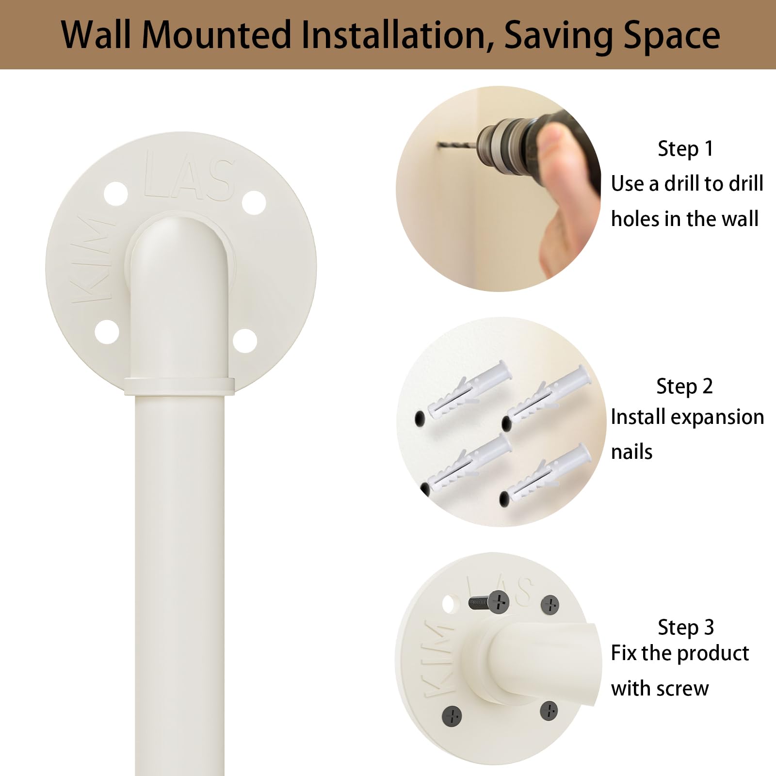 Set di 1 Appendiabiti da Soffitto Industriale, Attaccapanni da Muro 120 cm, Due Opzioni di Montaggio, Stendino da Parete, 69x60cm, Facile da Montare, Bianco