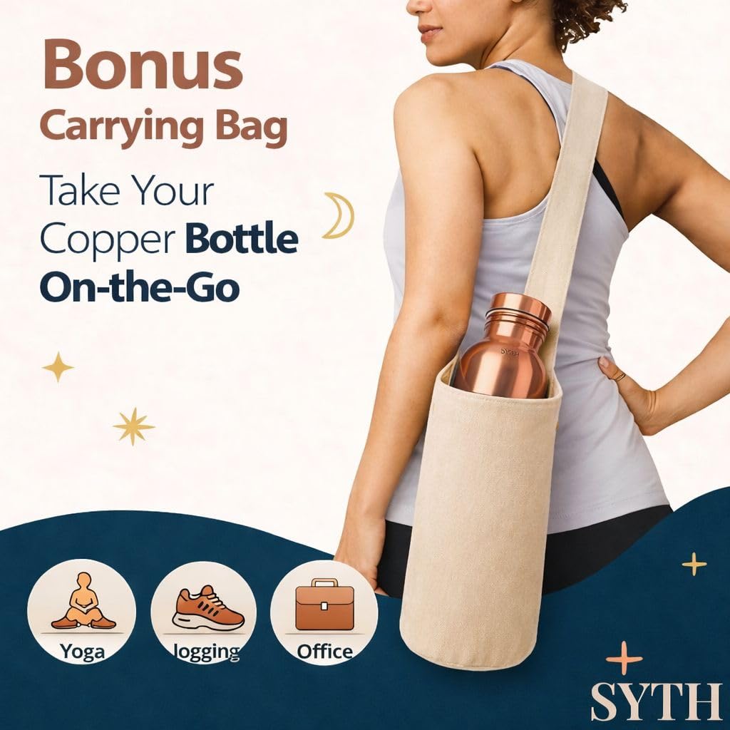 Wasserflasche aus 100 % reinem Kupfer mit Tragetasche, im Labor getestet, auslaufsicher, handgefertigt, ayurvedisches Kupfergefäß, Wasserflasche aus reinem Kupfer zum Trinken (Kupferflasche mit Tasche
