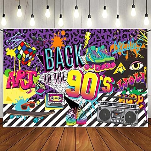 90's Party Decorations, Back To The 90's Backdrop Banner with Hanging Rope, 150x90cm Retro Hip Hop Graffiti Rock Punk Music Dance Wall Photography Background Birthday Party Supplies Cover