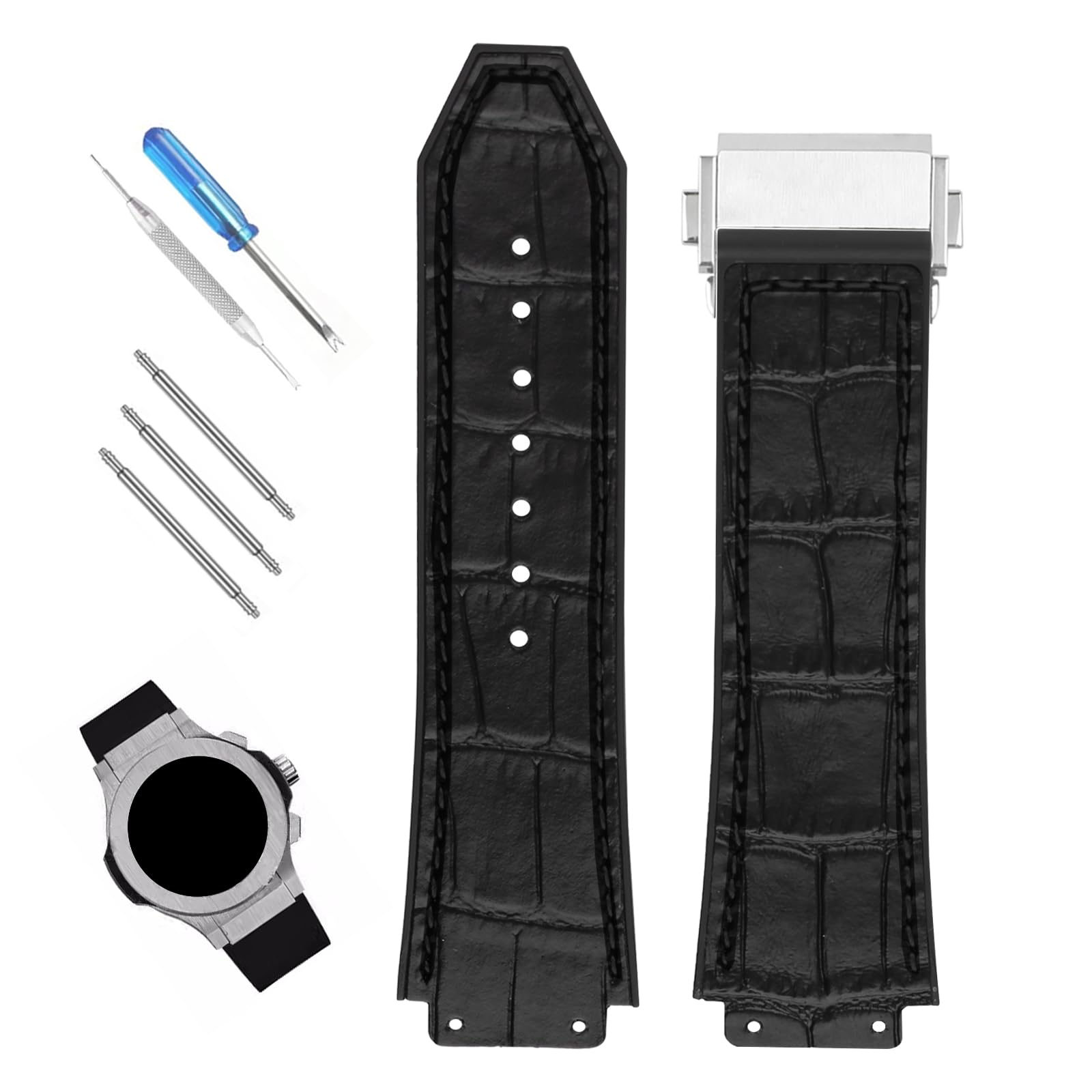 XIW Compatible for 19mm× 25mm× 22mm Hublot Big Bang Leather Watch Band With Stainless Steel Buckle Replacement for men Wirstband Strap women Bracelet