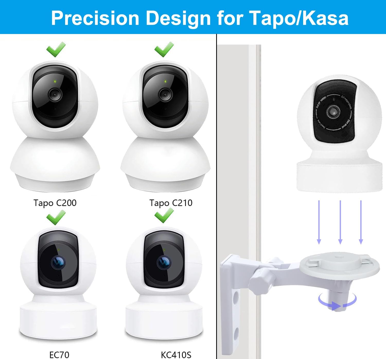 2-Pack Wall Mount Bracket for Tapo C211/C210/C200/C225 & Kasa KC410S/EC70, 180° Adjustable Ceiling Camera Mount Base Stand for Indoor Pan Baby Monitor Security Cameras