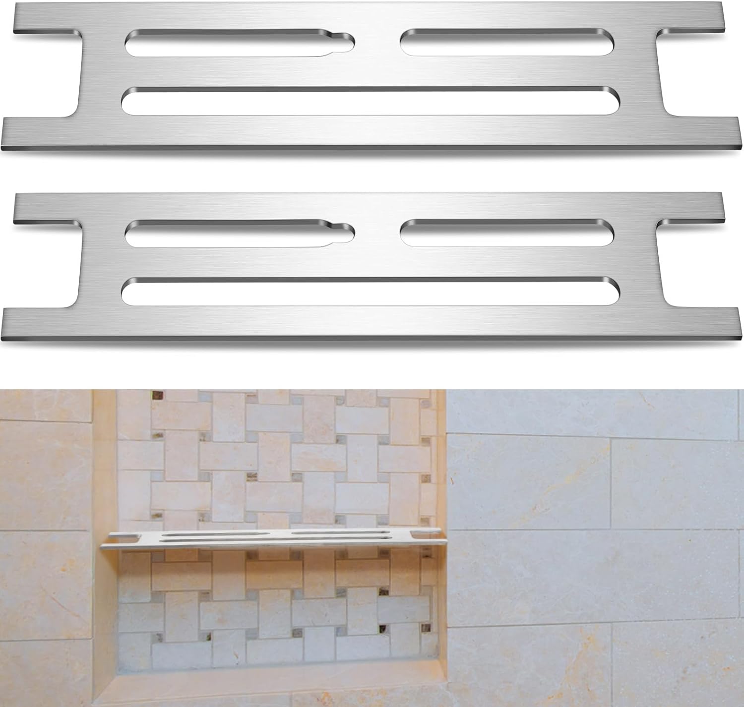 2 Pcs Bathroom Niche Shelf for 12" Prefabricated Niches Fits 1/8" Grout Line, 3mm Thick, Marine Grade Brushed 316 Stainless Steel Shelf During Remodel Before Tile Installation