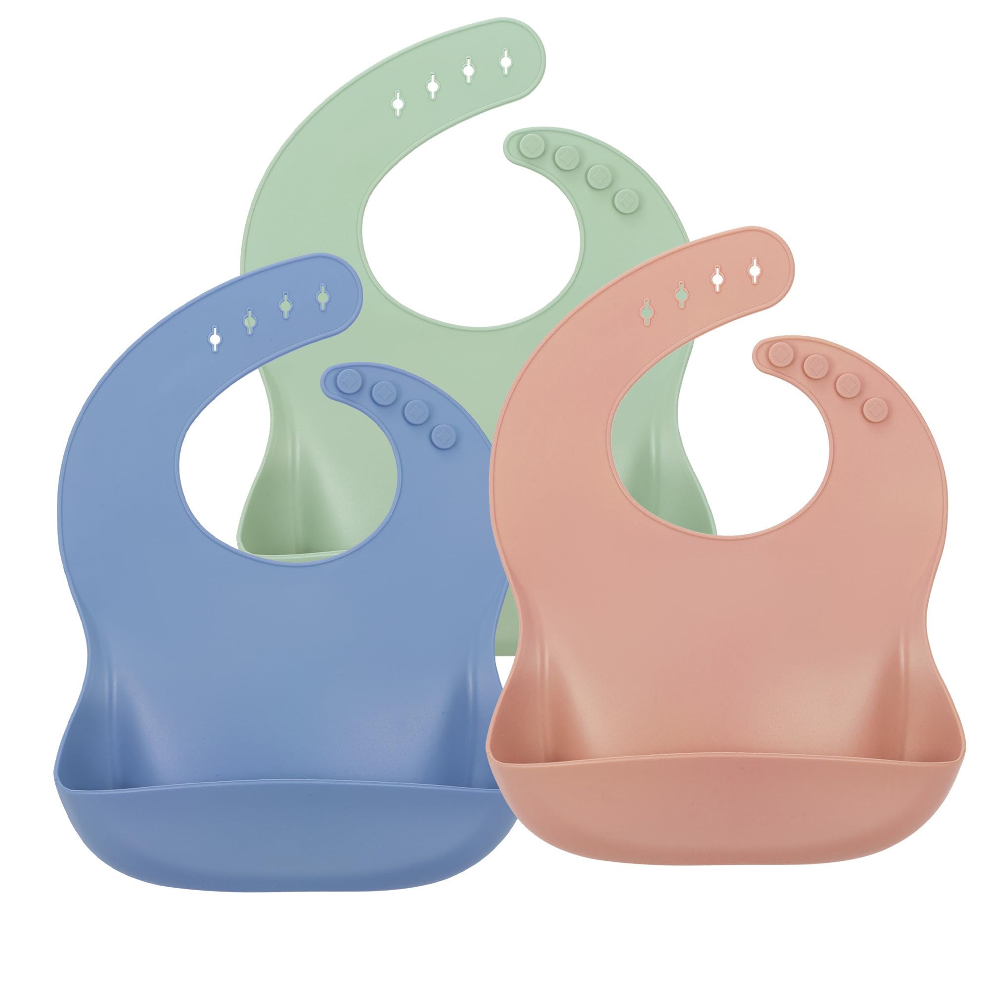 MOJINL Lätzchen Baby Wasserdicht, 3 Stück Silikon Lätzchen Baby mit Auffangschale, Abwaschbar Babylätzchen, Einstellbare Essen Fütterlätzchen für Jungen Mädchen (Enzianblau/Gelbgrün/Lehmbraun)