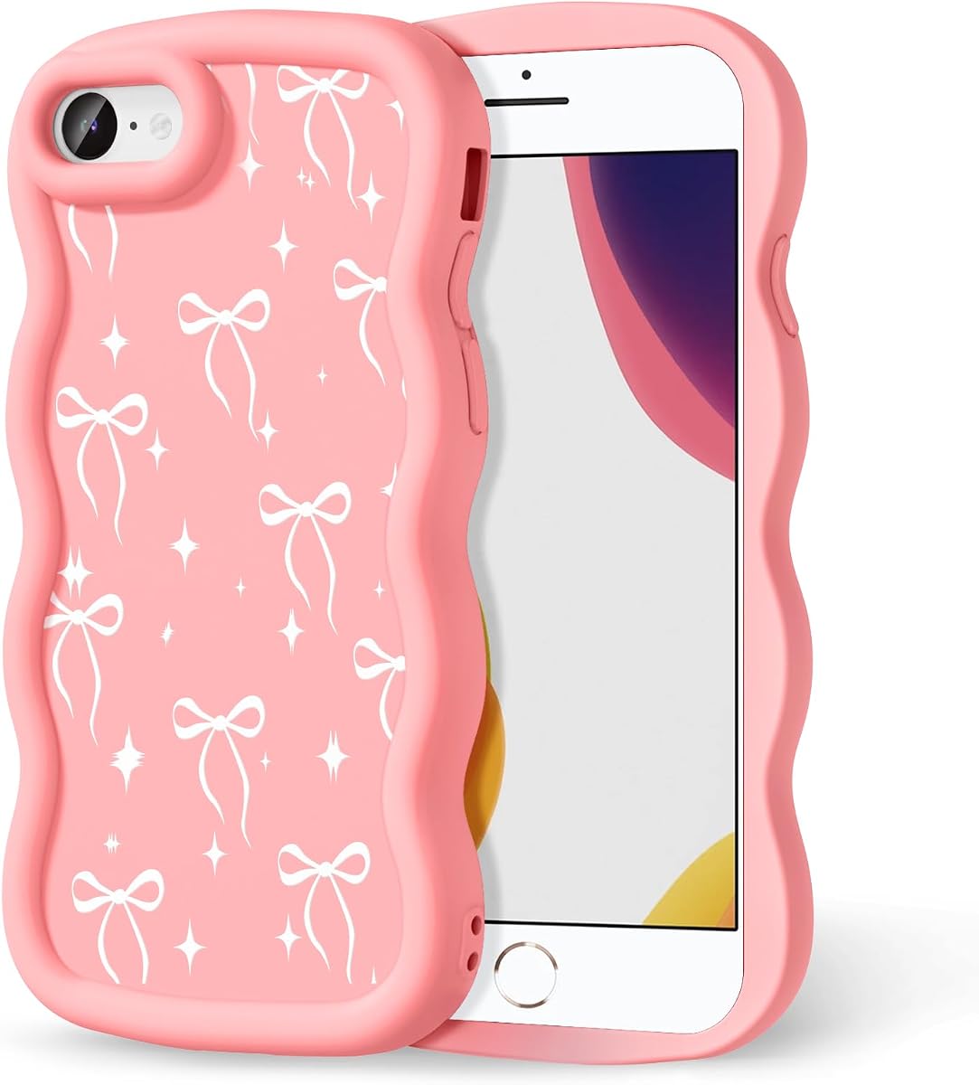 for iPhone SE/8/7 Phone Case, Curly Wavy Frame with Cute Pattern | Soft Silicone TPU, Ultra-Thin Feel, Anti-Fingerprint, Raised Bezels, Shock Protection, for Women Girls, Bowknot Star
