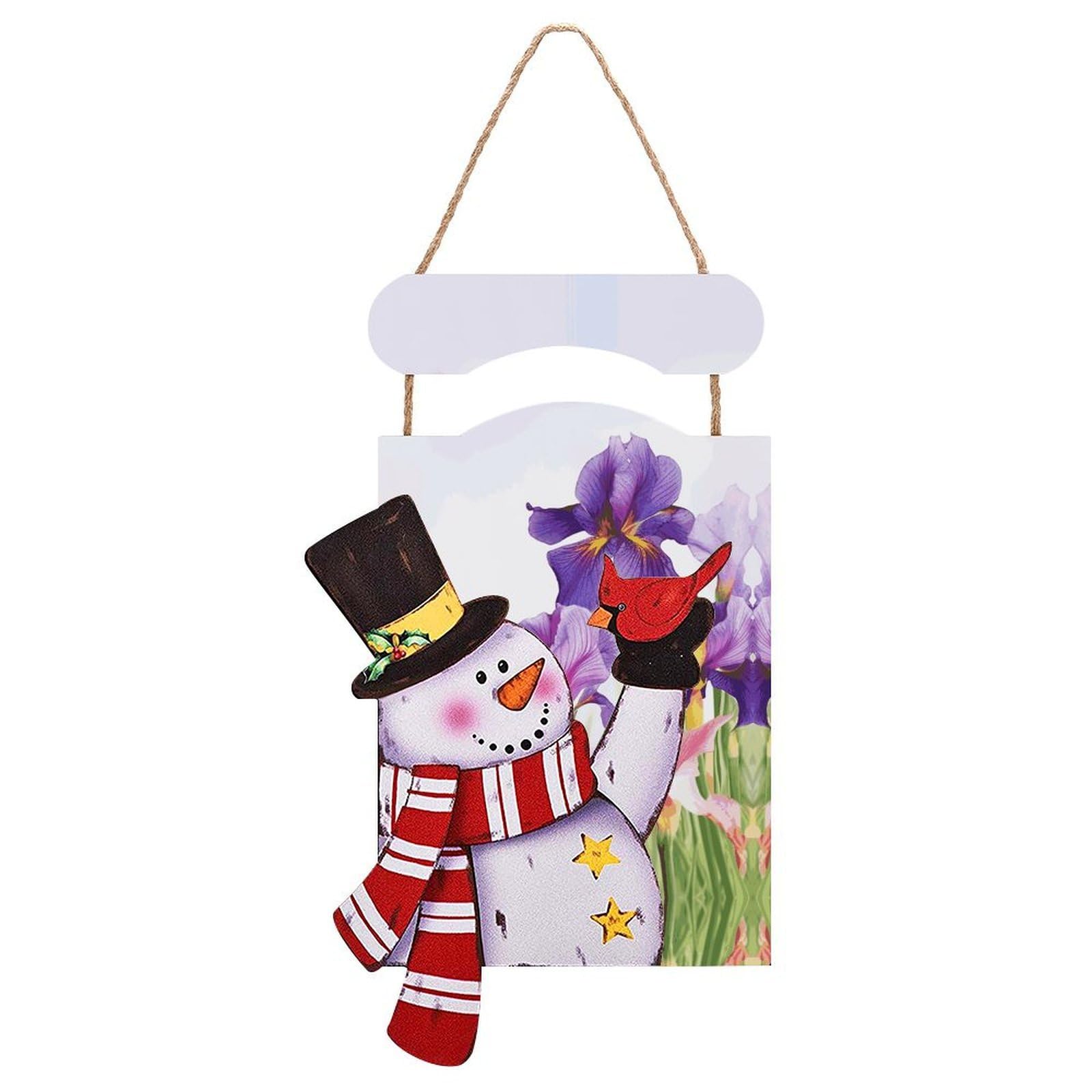 Iris Flower Butterfly Snowman Sign Wooden Hanging Door Sign Christmas Door Decor Christmas Snowman Wooden Hanging Sign Wall Art for Indoor Outdoor Porch Wall