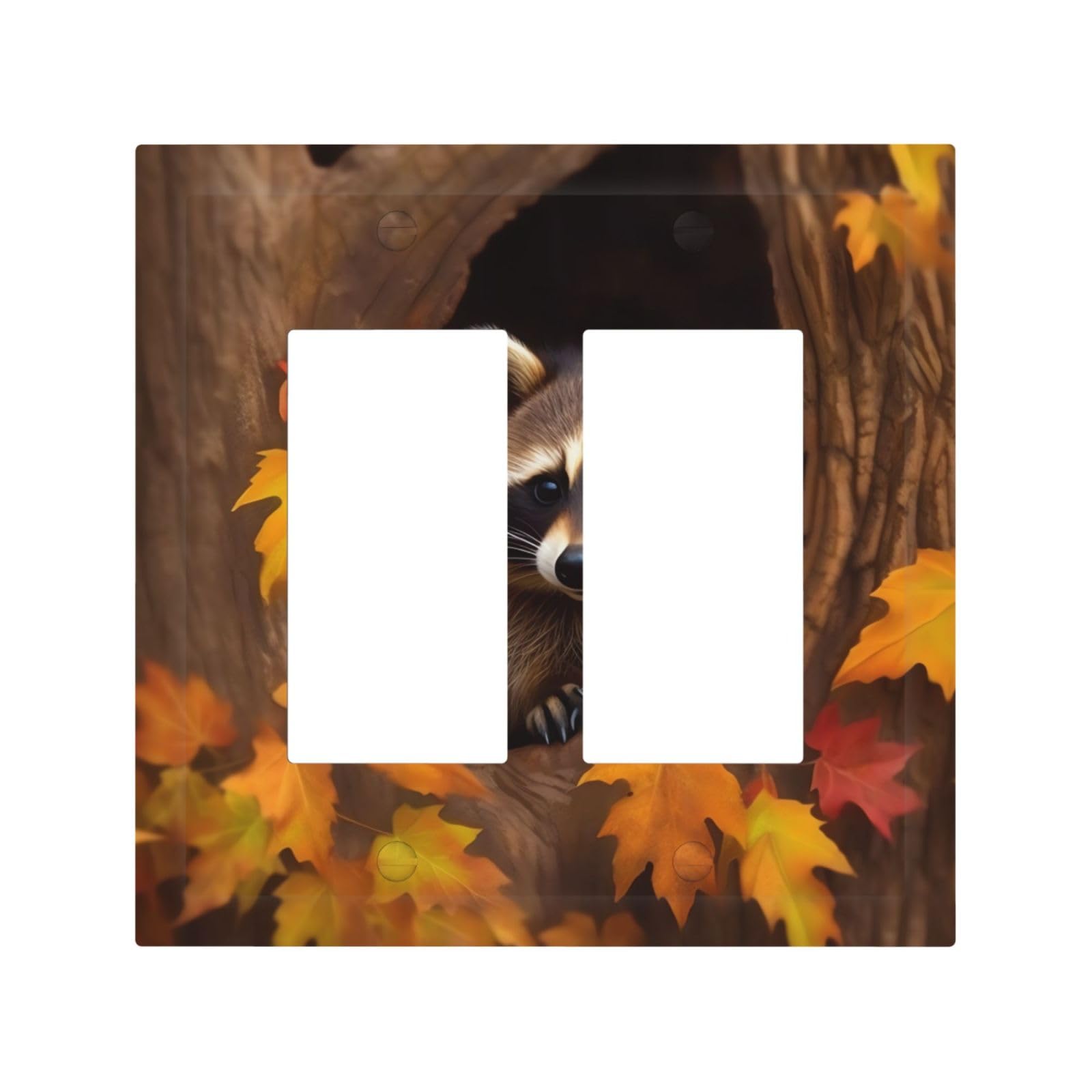 Kloph Style H Decorator Double Toggle Light Switch Covers Raccoon In The Fall Tree Hole Wall Plate 2-Gang Mid Size 5" X 4.9" Double Toggle Switch Wallplate Decorative 2 Gang Wall Switch Plate Covers