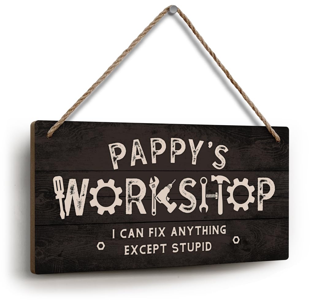YZEXEZY Pappy Gifts,Pappy's Workshop I Can Fix Anything Except Stupid Sign 6"x12"Grandpa Gifts,Funny Garage Decor Workshop Hanging Wood Signs Gifts for Pappy Dad Grandpa
