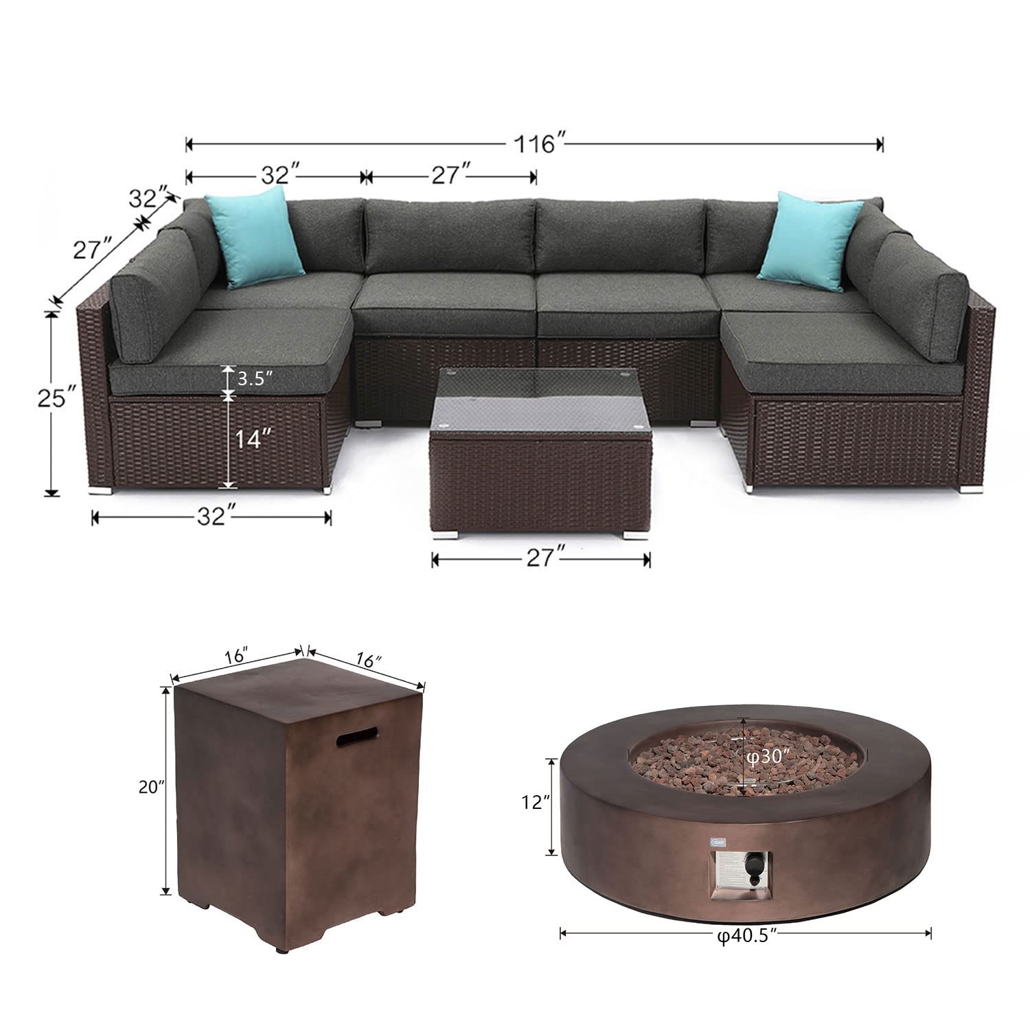 Buy COSIEST 8 Piece Propane Firepit Table Wicker Sectional Sofa