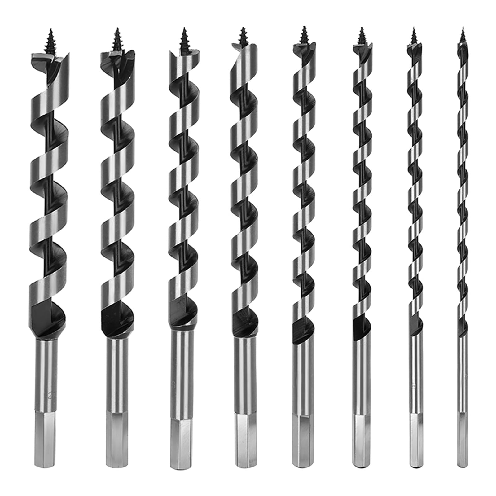 Juego de brocas helicoidales de acero al carbono con estuche de madera y vástago hexagonal mecanizado para taladros eléctricos y barrenas.