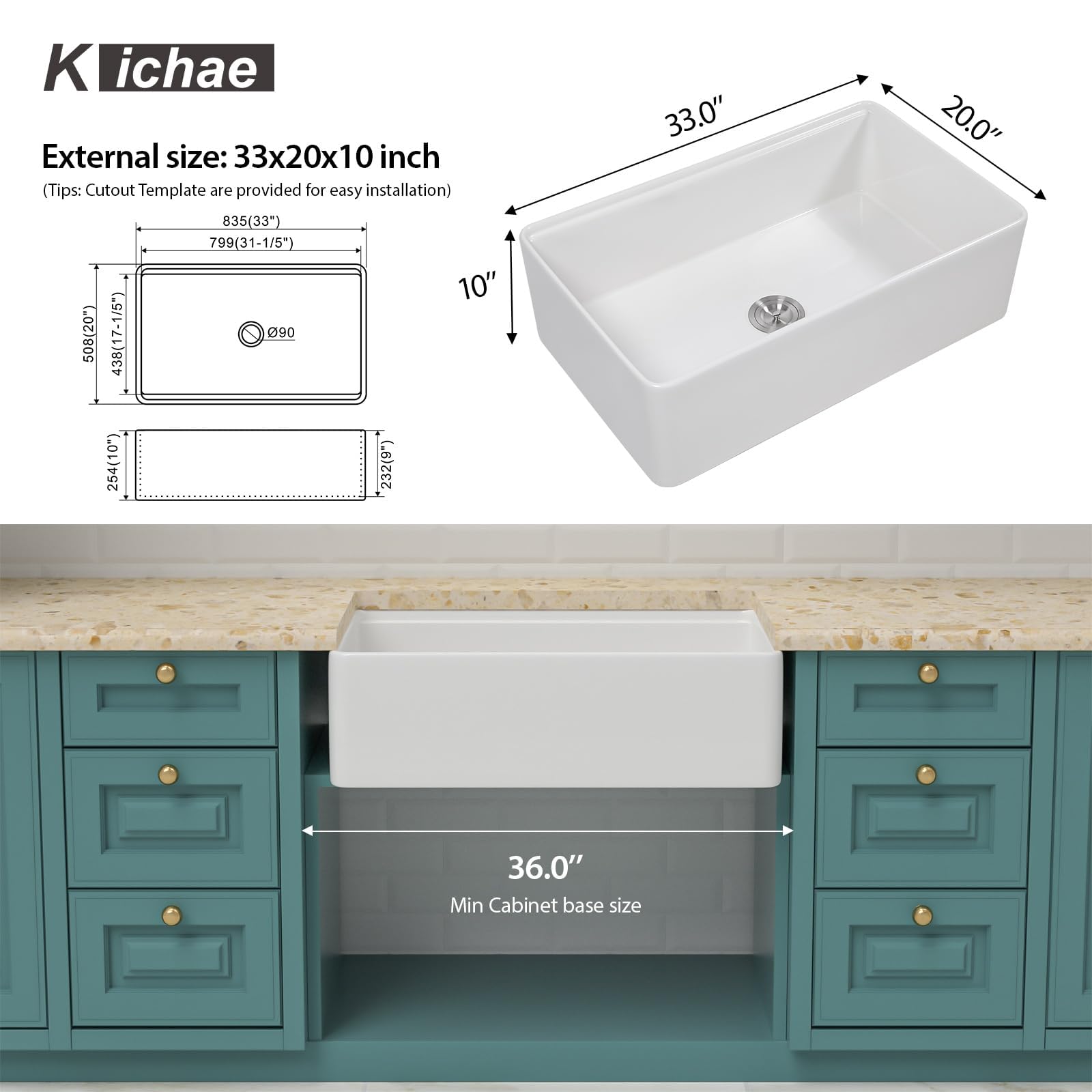 Kichae Lavello da cucina in porcellana refrattaria, 83 cm, colore: bianco