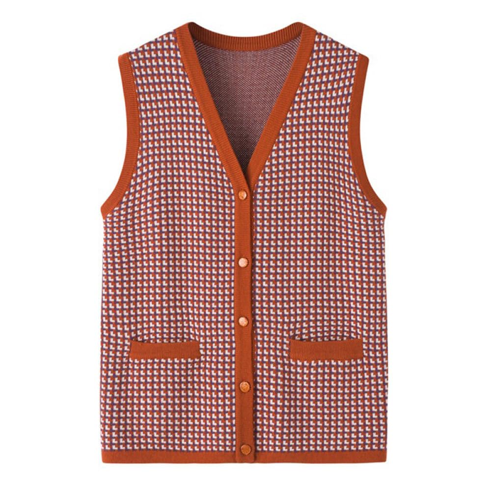Damen Kaschmirpullover,Ärmellos,V Ausschnitt,Gitter Strickweste,Vintage Orange Strick Cardigan Mit Knöpfen,Westen,Jacke,Tank Top,Lässige Streetwear Westen Mit Tasche