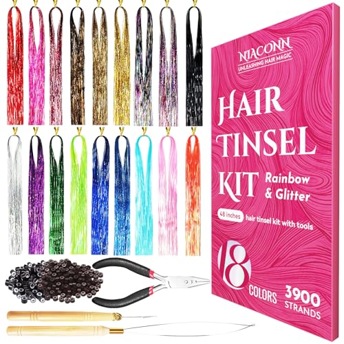 NIACONN Glitter Hair Tinsel Extensions Kit 18 Colors with Tools and Beads, 48 Inch Sparkly Fairy Colorful Tensile Strands Shiny Hair Accessories for Women Girls Kids