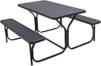 Giantex Picnic Table Set with 2 Benches - All-Weather HDPE Wood-Like Texture, Rust-Resistant Steel Frame for Outdoor Patio Garden (Black, 54"L)