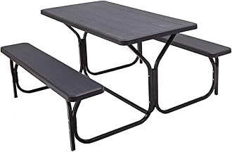 Giantex Picnic Bench Set Outdoor Camping All Weather Metal Base Wood-Like Texture Backyard Poolside Dining Party Garden Lawn Deck Large Picnic Tables for Adult (Black)