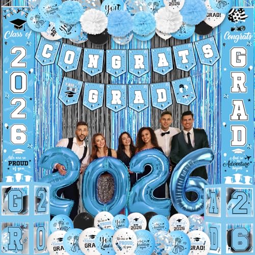 Light Blue Graduation Decorations 2026 Blue Congrats Grad Banner Class of 2026 Decorations Grad Party Decorations 2026 Graduation Banner
