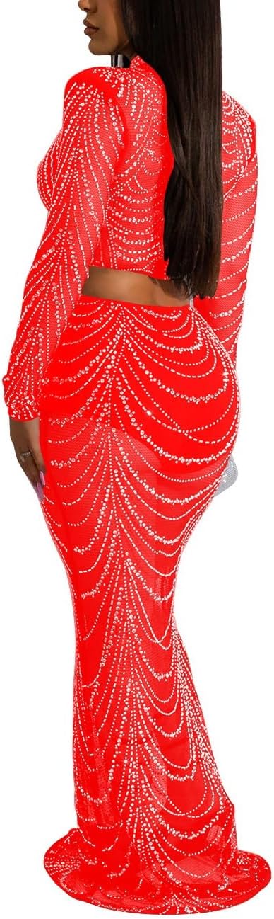 女性のキラキララインストーン 2 ピース衣装セクシーなメッシュシースルー長袖クロップトップとスキニーマキシスカートパーティーセット