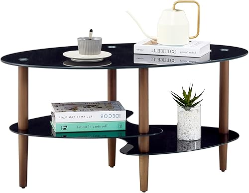 CREVIEW Mesa de centro de vidrio templado negro con patas de madera mesa de vidrio doble ovalada para centro de sala de estar sala de recepción
