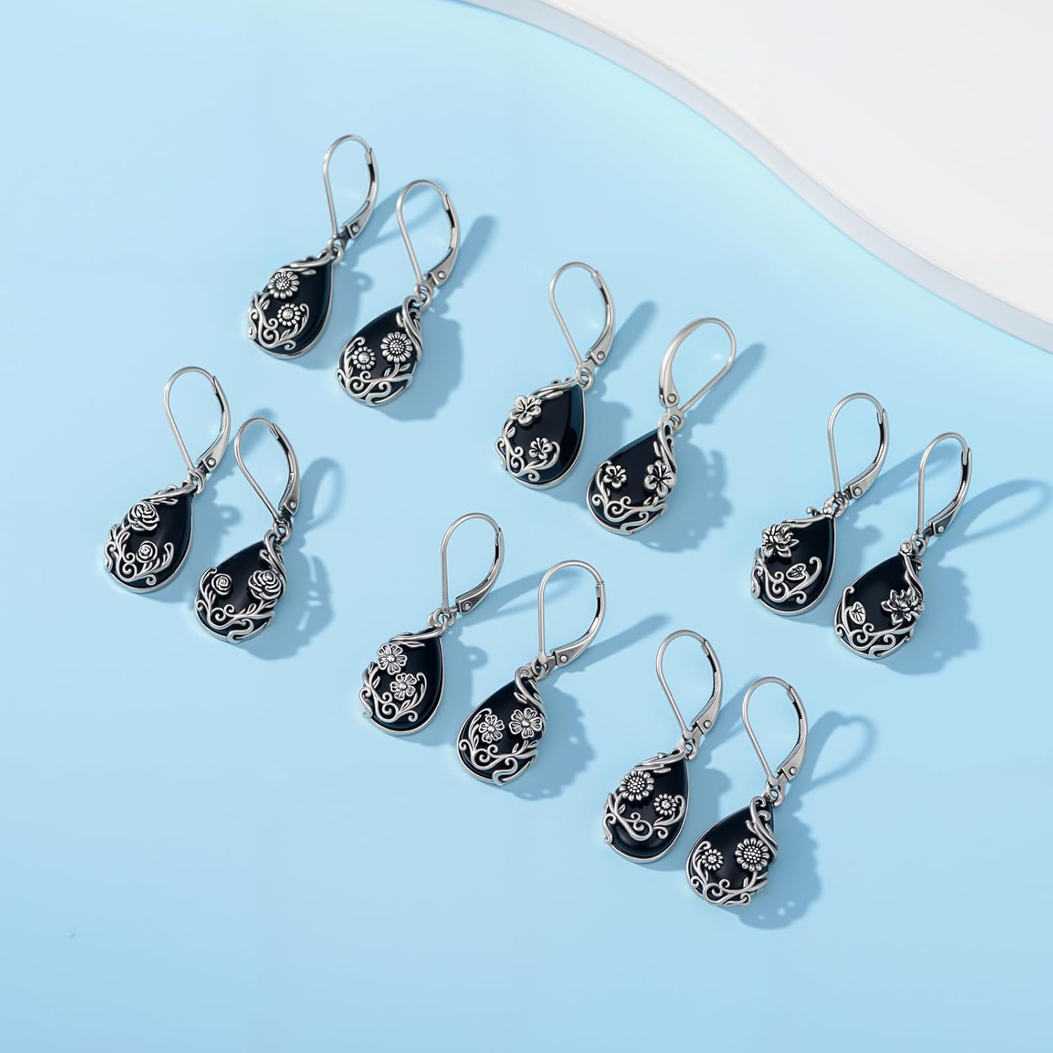Black Onyx Earrings 925 Sterling Silver Flower Insect Filigree Dangle Earrings Teardrop Onyx Jewelry for Women Birthday Gifts Wife Mom