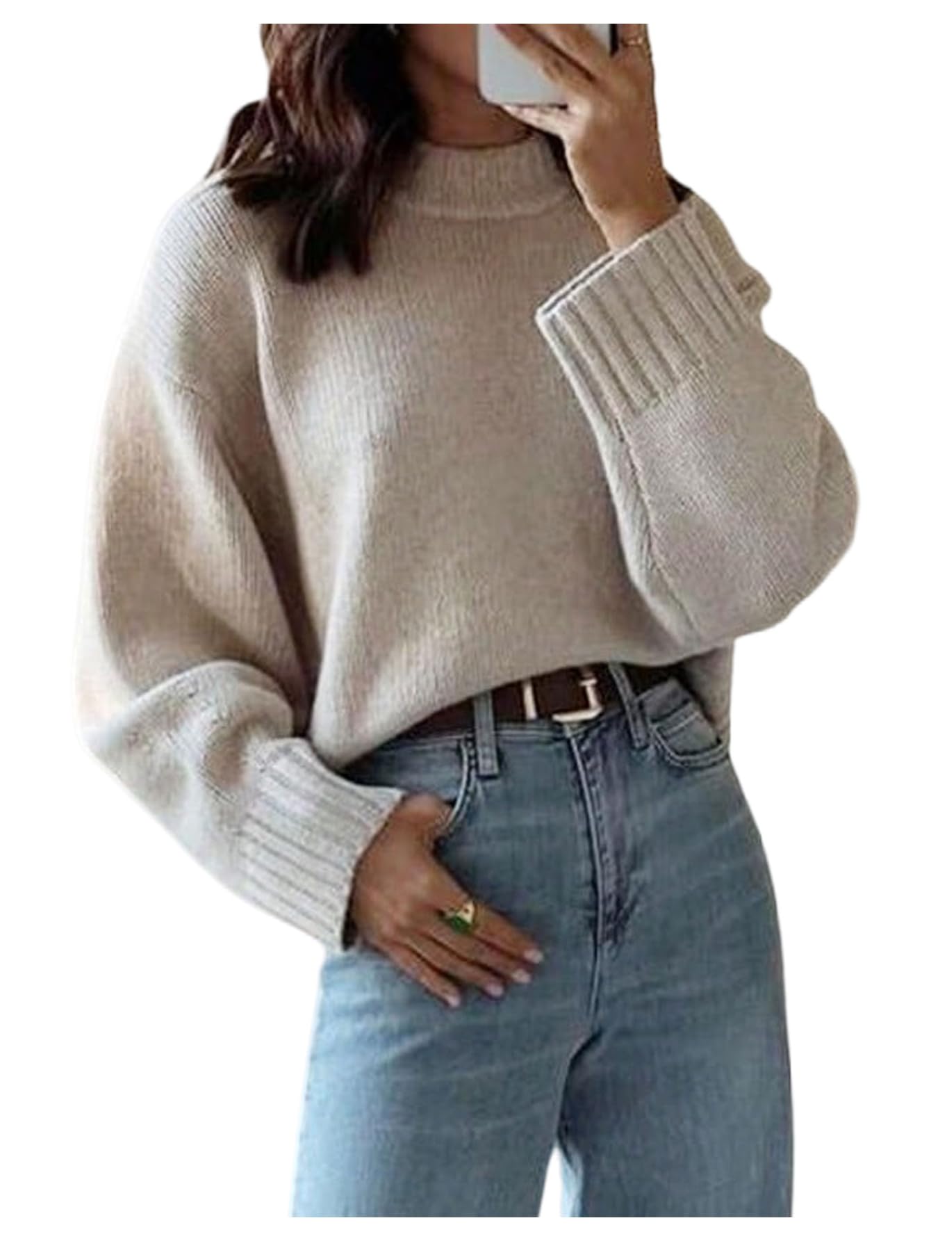 Women's Mock Neck Sweater Long Sleeve Drop Shoulder Sweater Jumper Cute Knit Going Out Tops-image-36