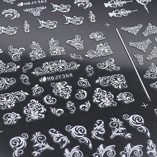 Lace Flowers Nail Stickers, Valentine Wedding Nail Decals White Flowers Nail Art Supply 3D Self-Adhesive Nail Wrap Retro Vine Floral Pattern Design Curved Stripe Lines Nail Decorations For Women Girls #TOP4